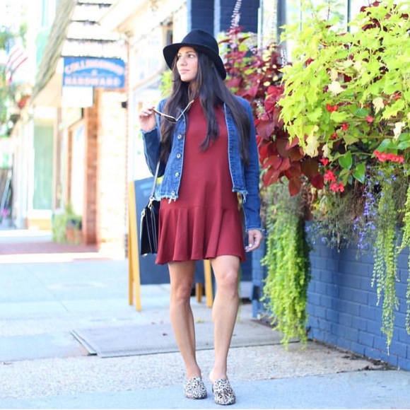 burgundy dress with jean jacket